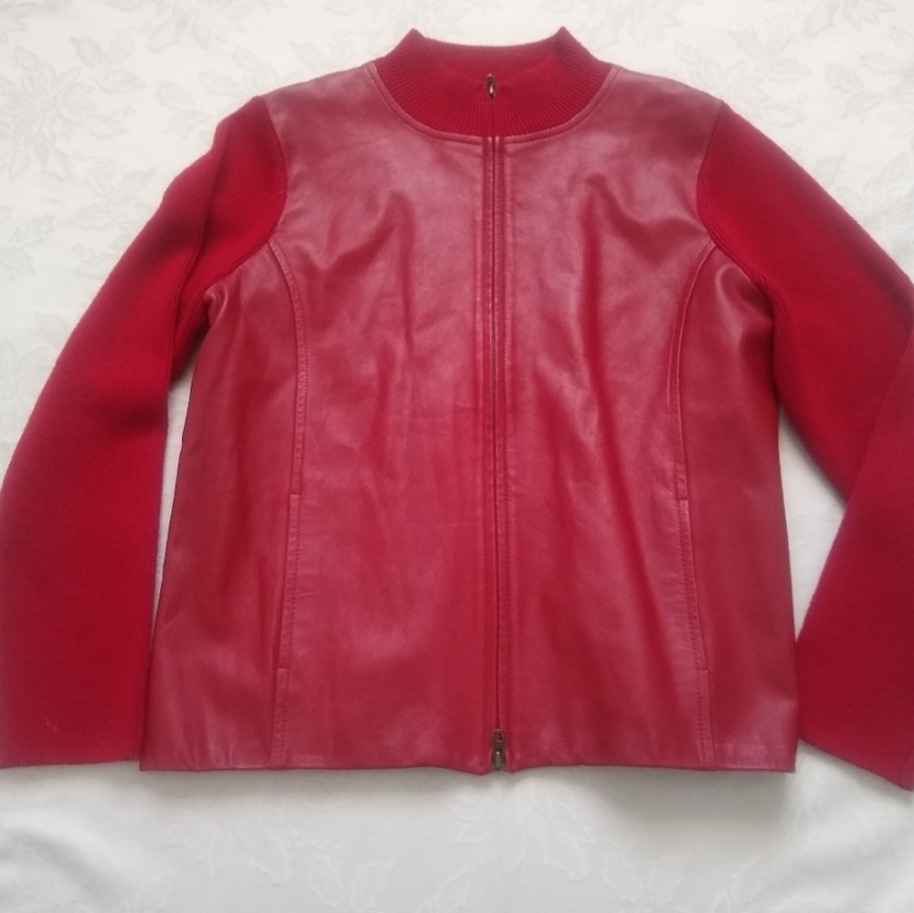 Pendleton Red leather wool moto zip front mixed media jacket
